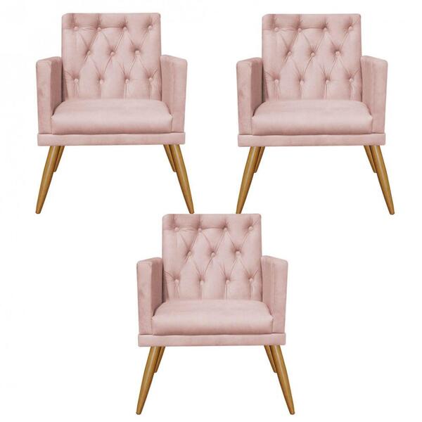 Kit 03 Poltronas Maria Capitonê Sala Recepção Suede Rose