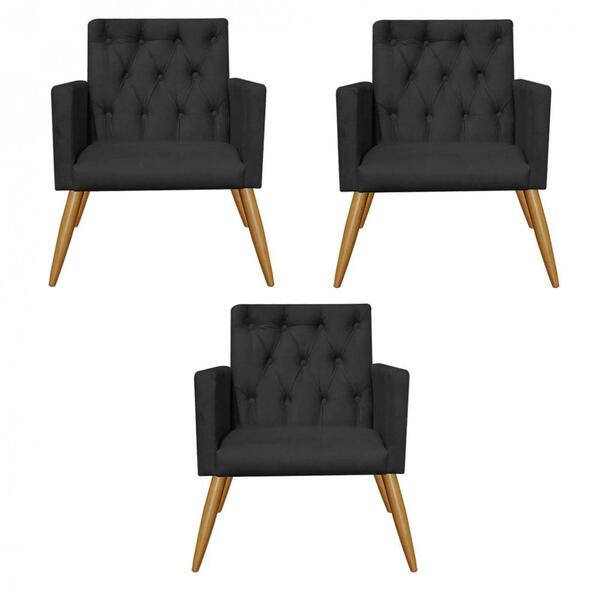 Kit 03 Poltronas Nina Capitonê Recepção Suede Preto