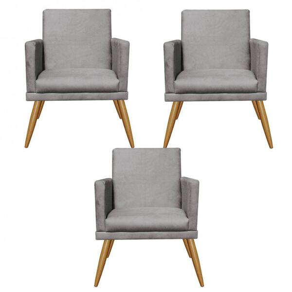 Kit 03 Poltronas Nina Rodapé Sala Recepção Corino Cinza