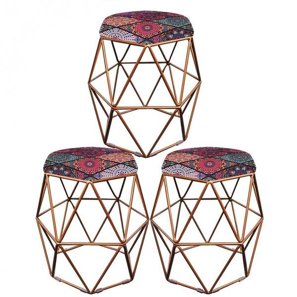 Kit 03 Puff Banqueta Aramado Luna Hexágono Base Bronze Mandal