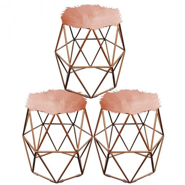 Kit 03 Puff Banqueta Aramado Luna Hexágono Base Bronze Pelúci
