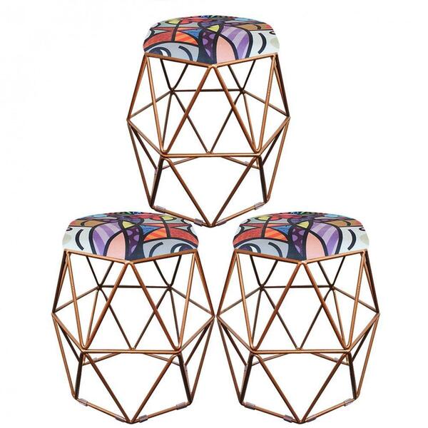 Kit 03 Puff Banqueta Aramado Luna Hexágono Base Bronze Romero