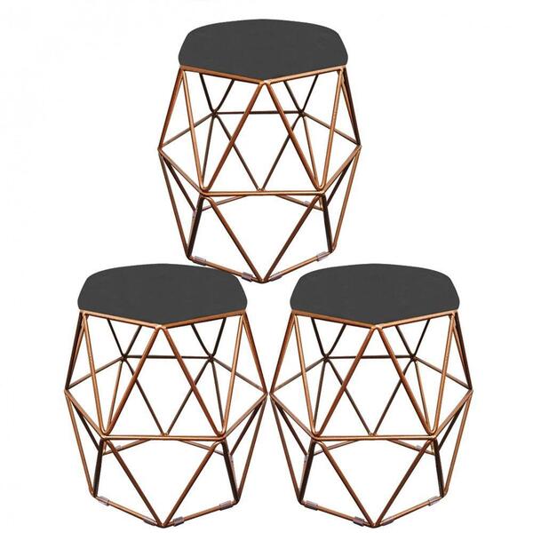 Kit 03 Puff Banqueta Aramado Luna Hexágono Base Bronze Suede