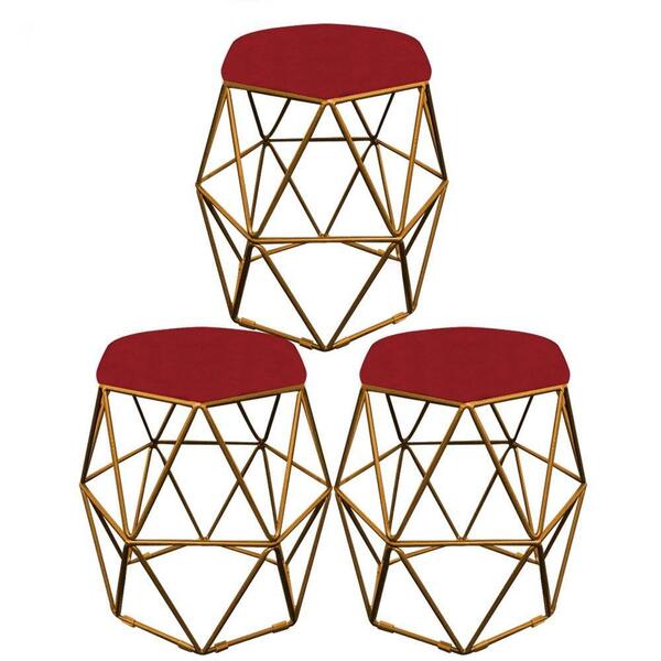 Kit 03 Puff Banqueta Aramado Luna Hexágono Base Dourado Corin