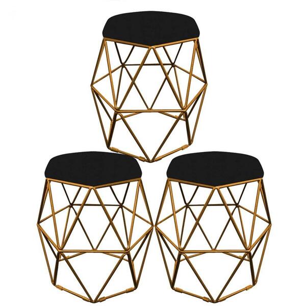 Kit 03 Puff Banqueta Aramado Luna Hexágono Base Dourado Corin