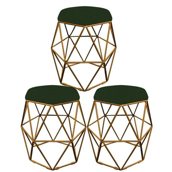 Kit 03 Puff Banqueta Aramado Luna Hexágono Base Dourado Suede