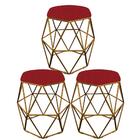 Kit 03 Puff Banqueta Aramado Luna Hexágono Base Dourado Suede