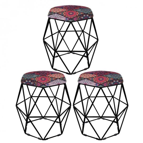 Kit 03 Puff Banqueta Aramado Luna Hexágono Base Preto Mandala