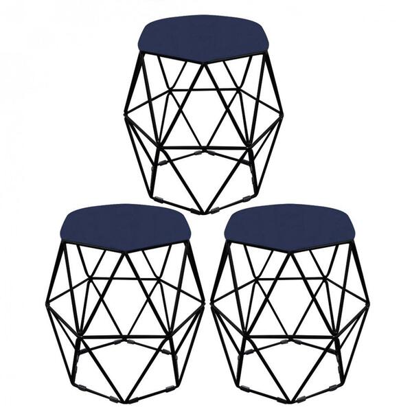 Kit 03 Puff Banqueta Aramado Luna Hexágono Base Preto Suede A