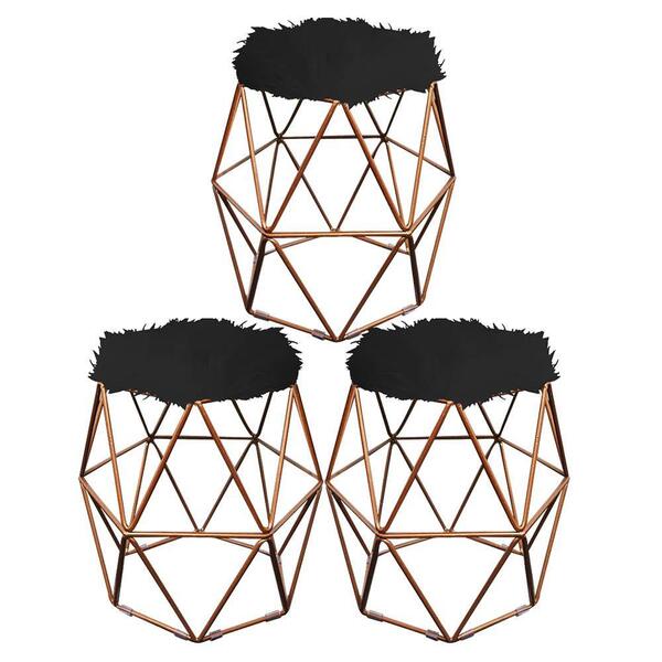 Kit 03 Puff Banqueta Luna Aramado Hexágono Bronze Pelúcia Pre