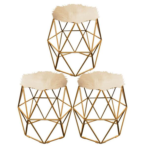 Kit 03 Puff Banqueta Luna Aramado Hexágono Dourado Pelúcia Be
