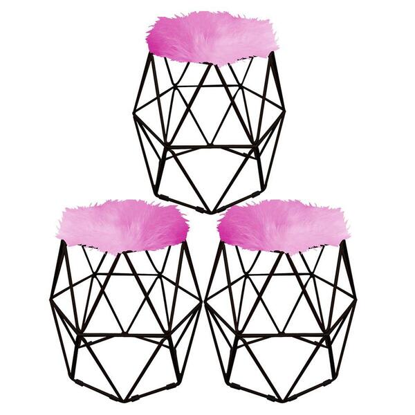 Kit 03 Puff Banqueta Luna Aramado Hexágono Preto Pelúcia Pink