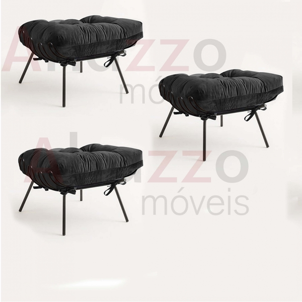 Kit 03 Puffs Banqueta Costela Industrial Ferro Preto Sala De