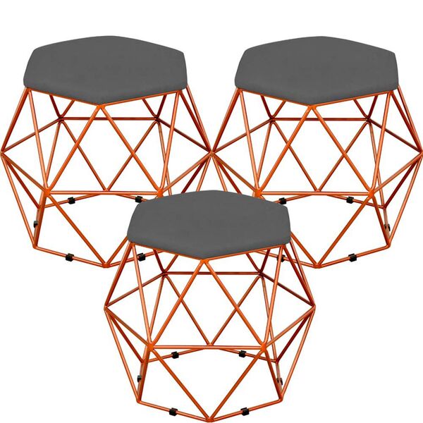 Kit 03 Puffs Decorativo Aramado Bronze Six L02 Suede Cinza -