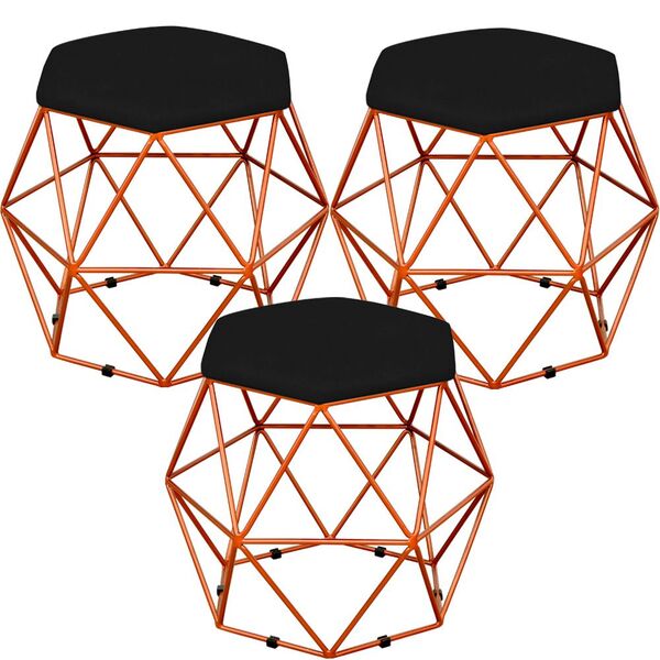 Kit 03 Puffs Decorativo Aramado Bronze Six L02 Suede Preto -