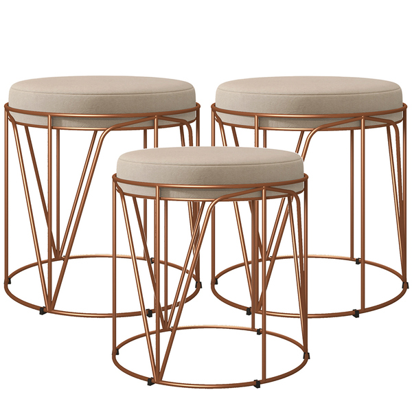 Kit 03 Puffs Decorativo Aramado Bronze Zaya L02 Suede Bege -