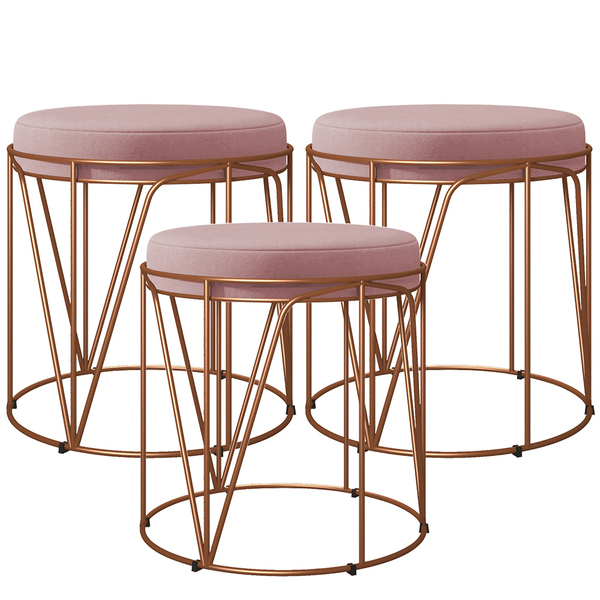 Kit 03 Puffs Decorativo Aramado Bronze Zaya L02 Suede Rosê -
