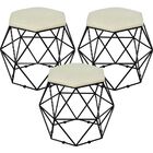 Kit 03 Puffs Decorativo Aramado Preto Six L02 Suede Bege - Ly