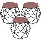 Kit 03 Puffs Decorativo Aramado Preto Six L02 Suede Rosê - Ly