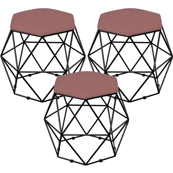 Kit 03 Puffs Decorativo Aramado Preto Six L02 Suede Rosê - Ly