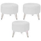 Kit 03 Puffs Decorativos Redondo Pés Metal Couro Branco Fosco