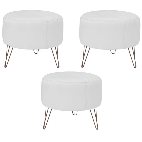 Kit 03 Puffs Decorativos Redondo Pés Metal Couro Branco Fosco