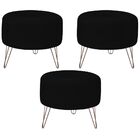 Kit 03 Puffs Decorativos Redondo Pés Metal Couro Preto Brilho