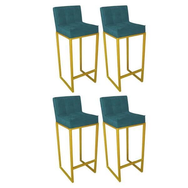 Kit 04 Banqueta Alta Linne Dourado Suede Azul Turquesa