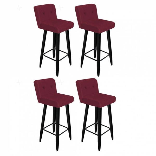 Kit 04 Banqueta Alta Preto Botão Corino Vermelho