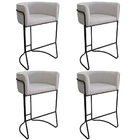 Kit 04 Banquetas Alta Com Encosto Betina Base Preto Linho Gel