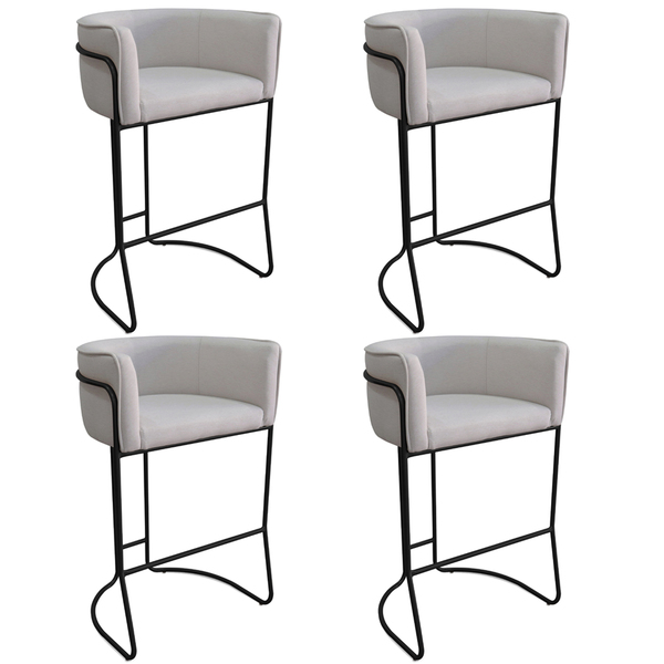 Kit 04 Banquetas Alta Com Encosto Betina Base Preto Linho Gel