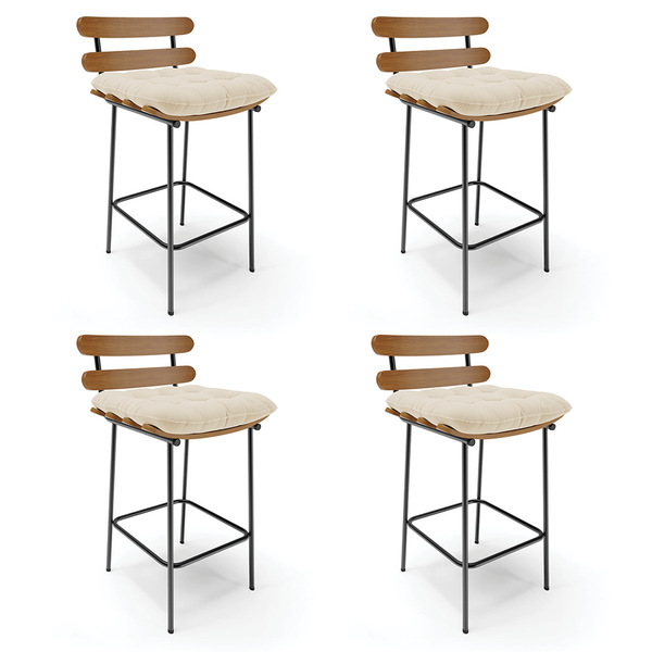 Kit 04 Banquetas Costela Linho Base Metálica Preto J01 - D'ro