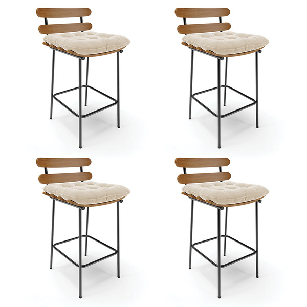 Kit 04 Banquetas Costela Suede Bege Base Metálica Preto - D'r