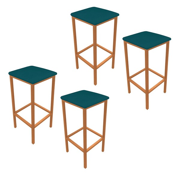 Kit 04 Banquetas Industrial Donna Suede Azul Pavão Base Cobre