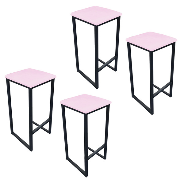 Kit 04 Banquetas Industrial Donna Suede Rosa Bebê Base Preto