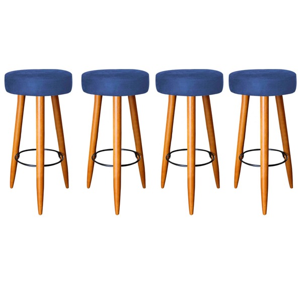 Kit 04 Banquetas Rubi Pés Madeira Suede Azul Marinho