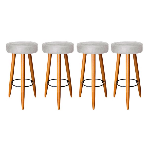 Kit 04 Banquetas Rubi Pés Madeira Suede Cinza