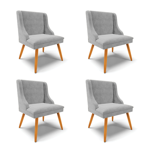 Kit 04 Cadeiras De Jantar Liz Suede Cinza Pés Palito Castanho