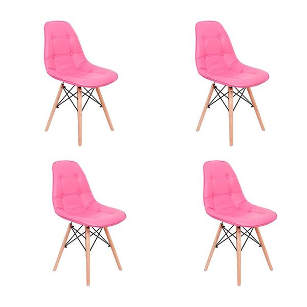 Kit 04 Cadeiras Dkr Charles Eames Wood Estofada Botonê - Rosa