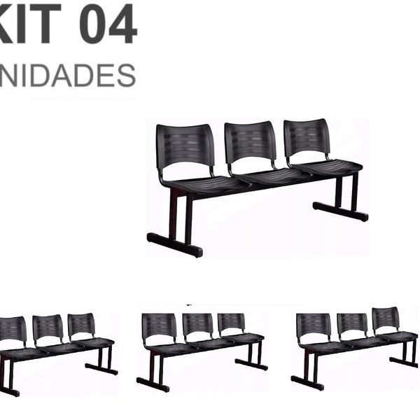 Kit 04 Cadeiras Longarinas Plásticas 03 Lugares – Cor Preta –