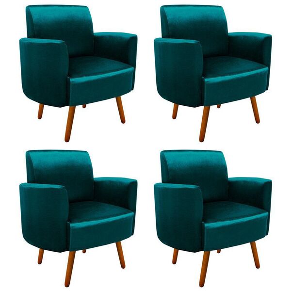 Kit 04 Poltronas Agatha Acetinado Azul Pés Palito Castanho -