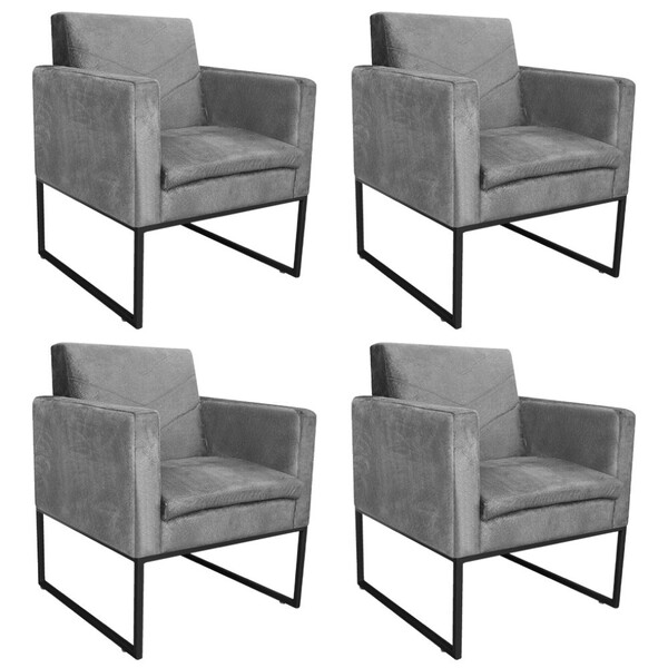 Kit 04 Poltronas Bella Base De Ferro Preta Suede Cinza - Amar