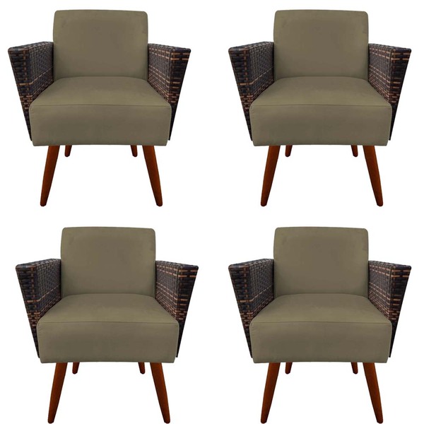 Kit 04 Poltronas Chanel Braça Tramada Pés Palito Suede Marrom