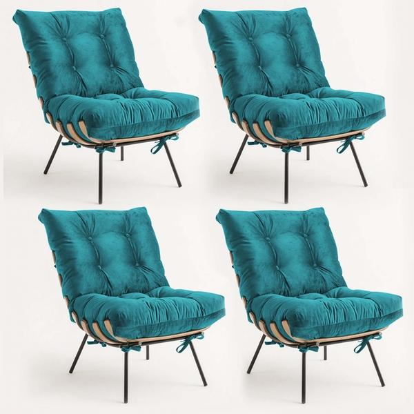 Kit 04 Poltronas Costela Decorativa Sala De Estar Suede Azul