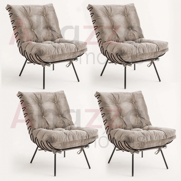 Kit 04 Poltronas Costela Industrial Ferro Preto Sala De Estar