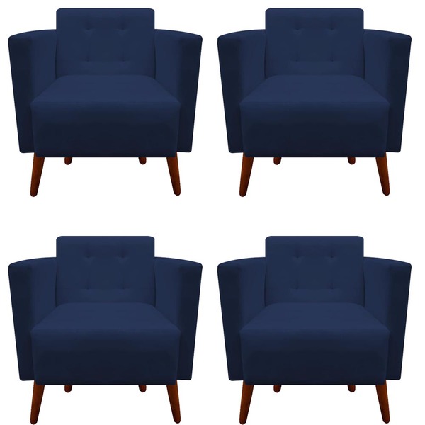 Kit 04 Poltronas Decorativa Isa Pés Palito Suede Azul Marinho