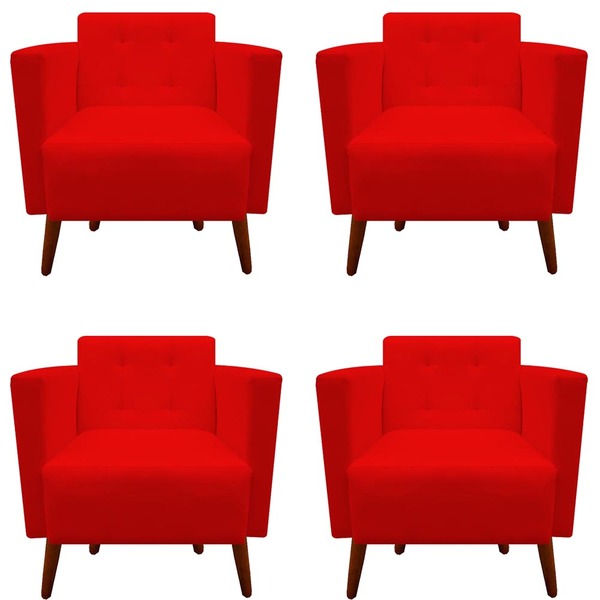 Kit 04 Poltronas Decorativa Isa Pés Palito Suede Vermelho - D