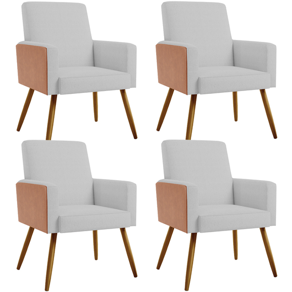 Kit 04 Poltronas Decorativa Maria W01 Pés Palito Linho Cinza