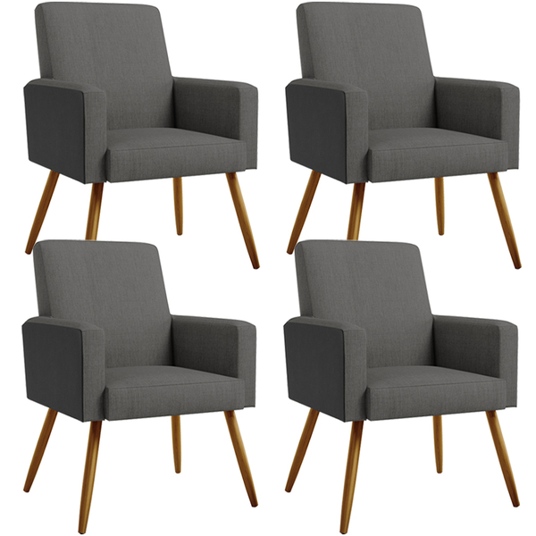 Kit 04 Poltronas Decorativa Maria W01 Pés Palito Linho Cinza