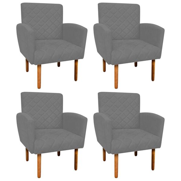 Kit 04 Poltronas Veronês Suede Grafite Pés Palito Castanho D'